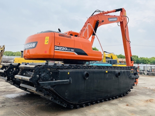 Doosan Digunakan Amfibi Excavator DH220LC-9E Dengan 1 m3 Mesin Pembersih Sungai Long Reach Boom Second Hand Excavator