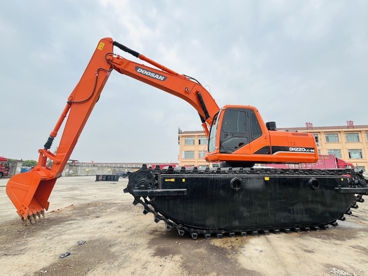 Doosan Digunakan Amfibi Excavator DH220LC-9E Dengan 1 m3 Mesin Pembersih Sungai Long Reach Boom Second Hand Excavator